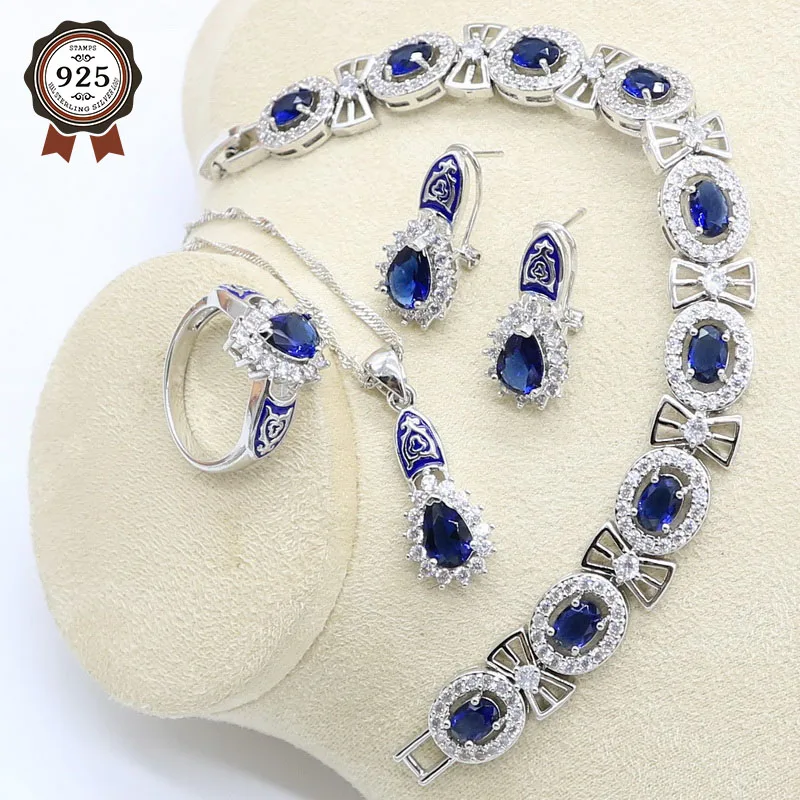 Серебряный набор украшений для женщин темно-синий циркон браслет серьги-кольца