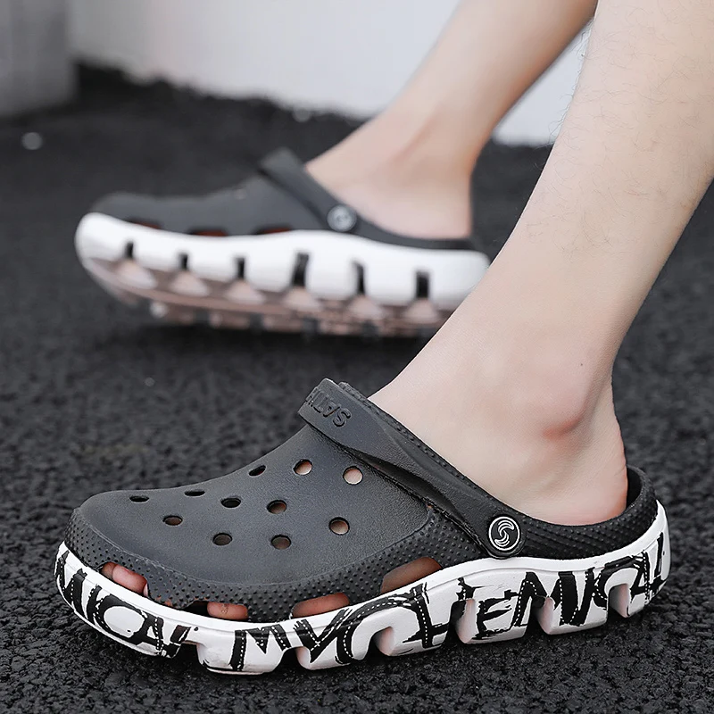 Мужские сандалии с дырками модные шлепанцы летние дышащие пляжные тапочки для