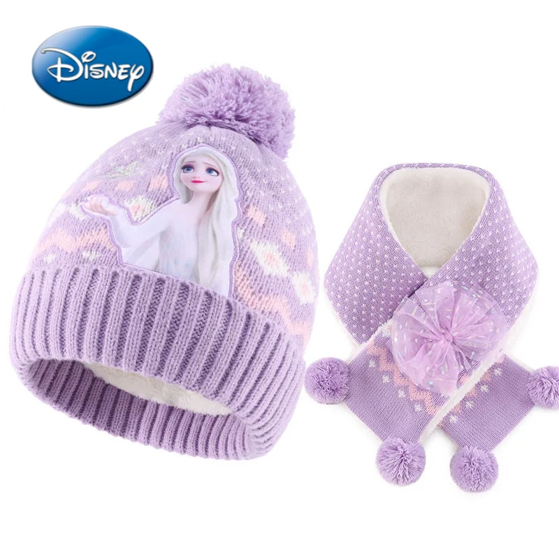 

New Disney Princess Cartoon Children's Hat Scarf Set Winter New Hedging Knitted Warmth Plus Velvet Thickening Girl Woolen Hat