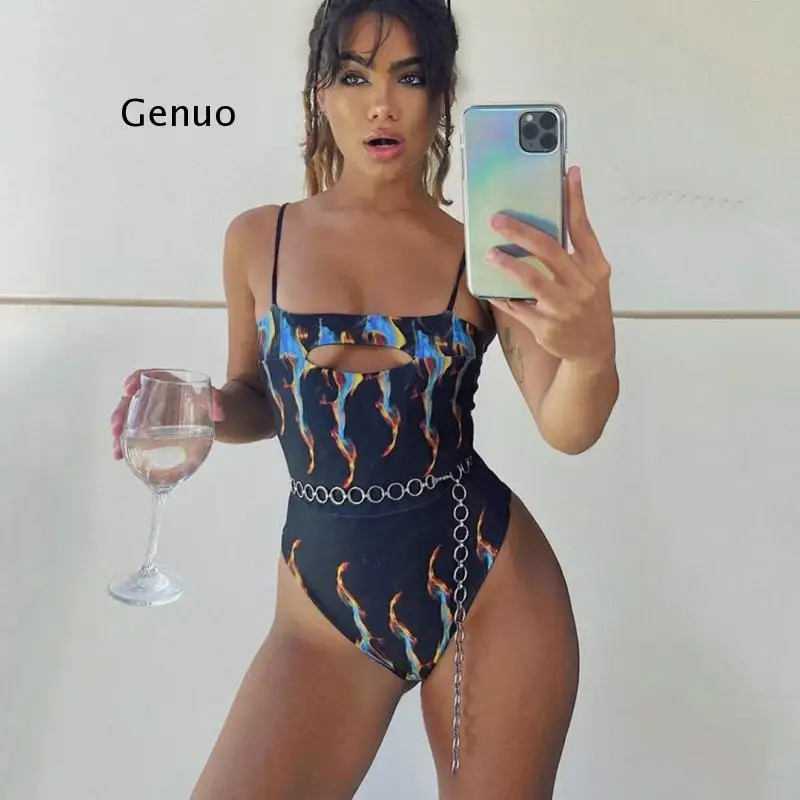 

Слитный купальник с принтом пламени 2021, женская одежда для плавания, монокини, купальный костюм с высоким вырезом, черный купальный костюм д...