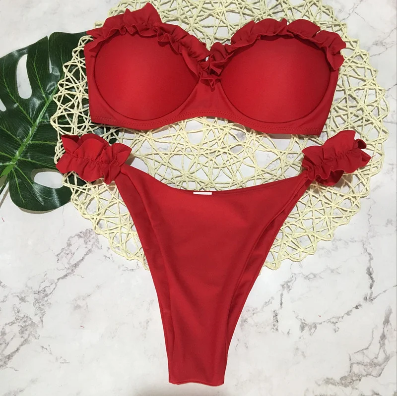 

Padded Push Up Bikini Set Underwire Flower Ruffles Swimsuit For Women Sexy Solid Bandeau Female Bathing Suit Summer Biquini