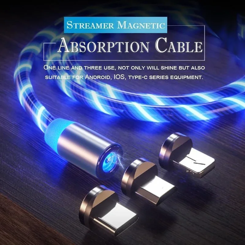 LED Flowing Light Magnetic Cable Micro USB Type C Luminous Lighting Mobile Phone Cord Charger Wire For Iphone Xiaomi Samaung | Инструменты
