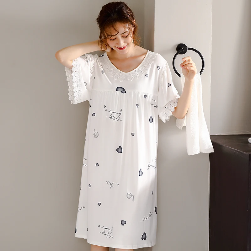 

Summer 100% Modal O-neck Women Short Sleeved Sleepwear Print Nightgowns Nightwear Nightdress Sleepwear Nightgown Sleepshirts 3XL