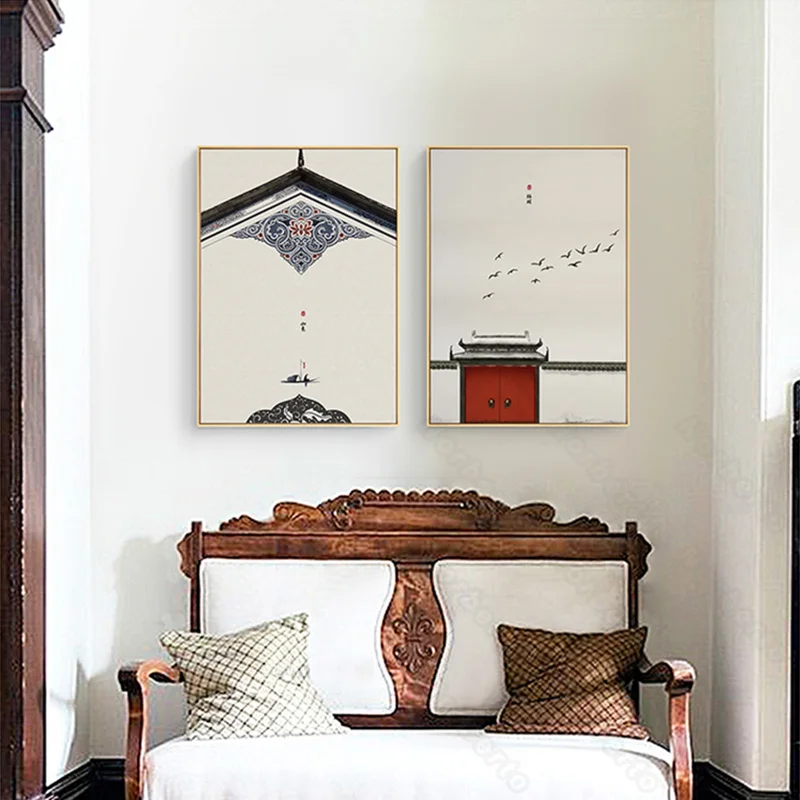 

Traditional Chinese Style Canvas Painting Poster Ancient Chinese Buildings Geese Chinese Character for Home Rooms Wall Decorati