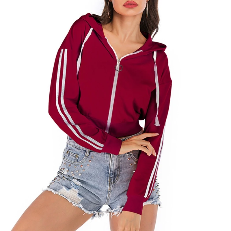 

Women Stripes Long Sleeve Hoodie Jacket Full Zip Solid Color Crop Top Sweatshirt Drawstring Casual Loose Cropped Coat