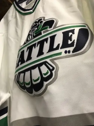 

Seattle Thunderbirds white bule green MEN'S Hockey Jersey Embroidery Stitched Customize any number and name