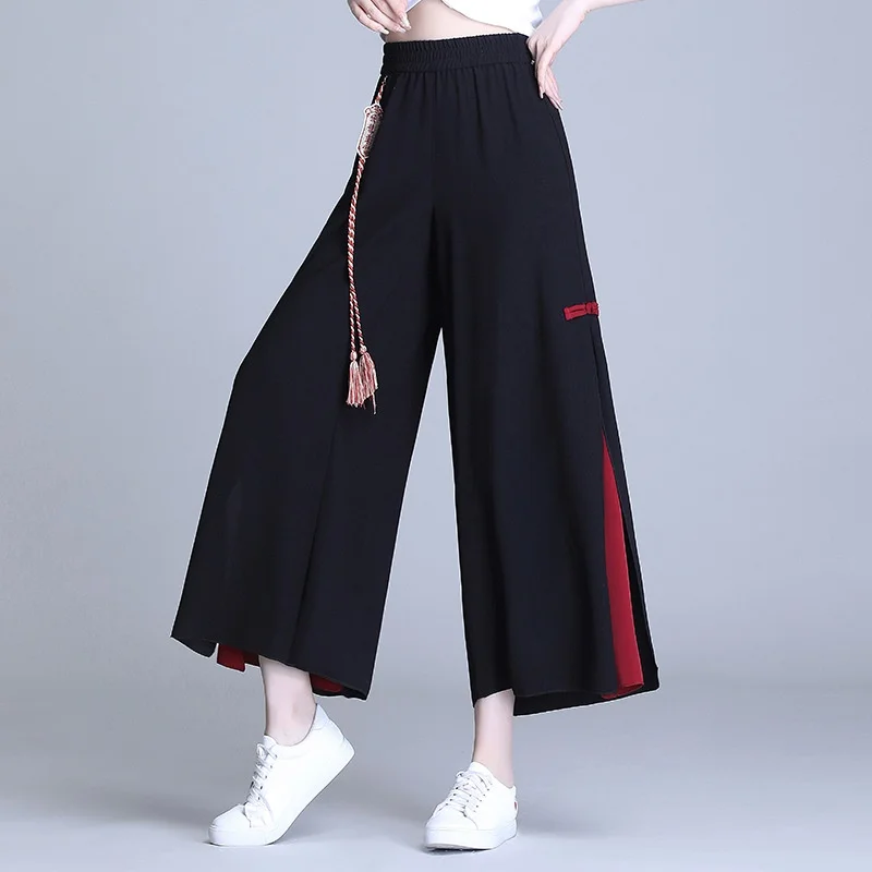 

Женские брюки в китайском стиле, новинка 2021, Летние шифоновые хиппи этнические свободные черные широкие брюки с вышивкой, кимоно, брюки