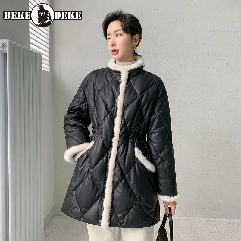 

Women Mink Fur Collar Sheepskin Down Coat Winter Streetwear Stand Colalr Real Leather Jackets Female