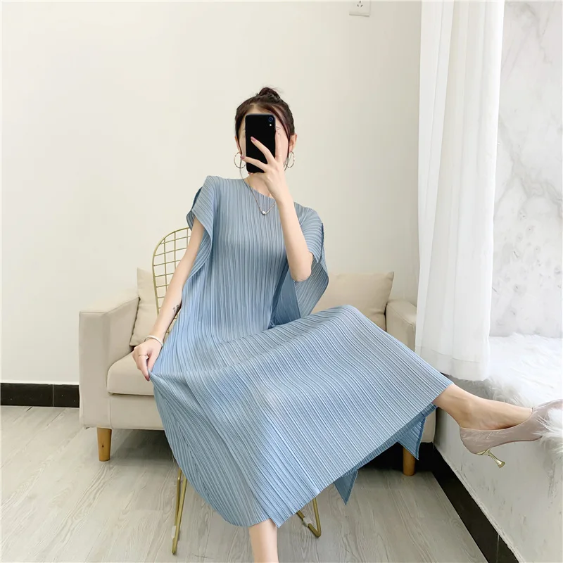 

2021 summer new solid basic long dress Miyake pleated folda loose large women's dress fashion plus size ruched women's dress