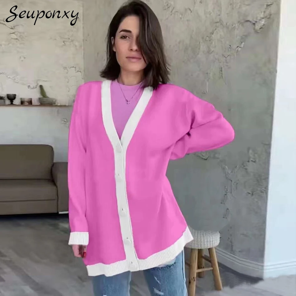 High Quality Autumn 2021 Elegant Women'S Loose Knit Sweater Sexy V-Neck Lantern Sleeves Single-Breasted Casual Cardigan