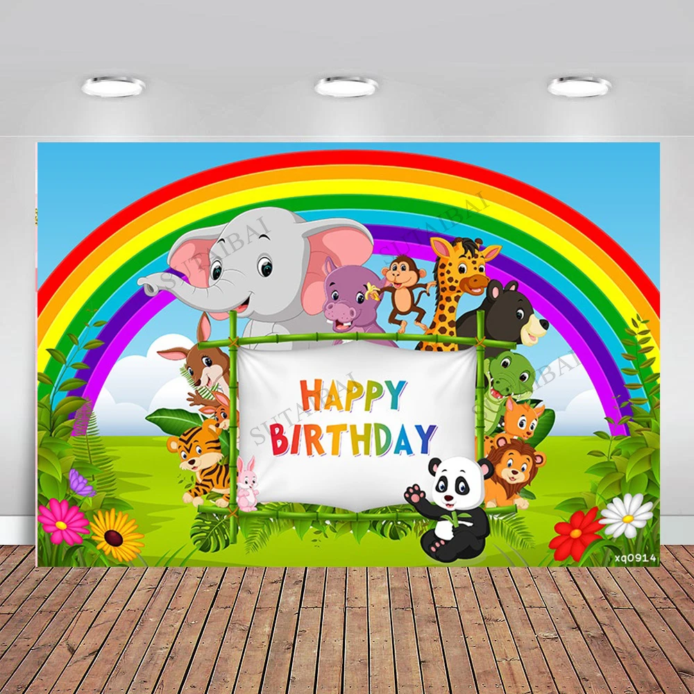 

Cartoon Animals Safari Jungle Party Backdrops Rainbow Flower Green Grassland Kids Birthday Photography Backgrounds Photo Studio