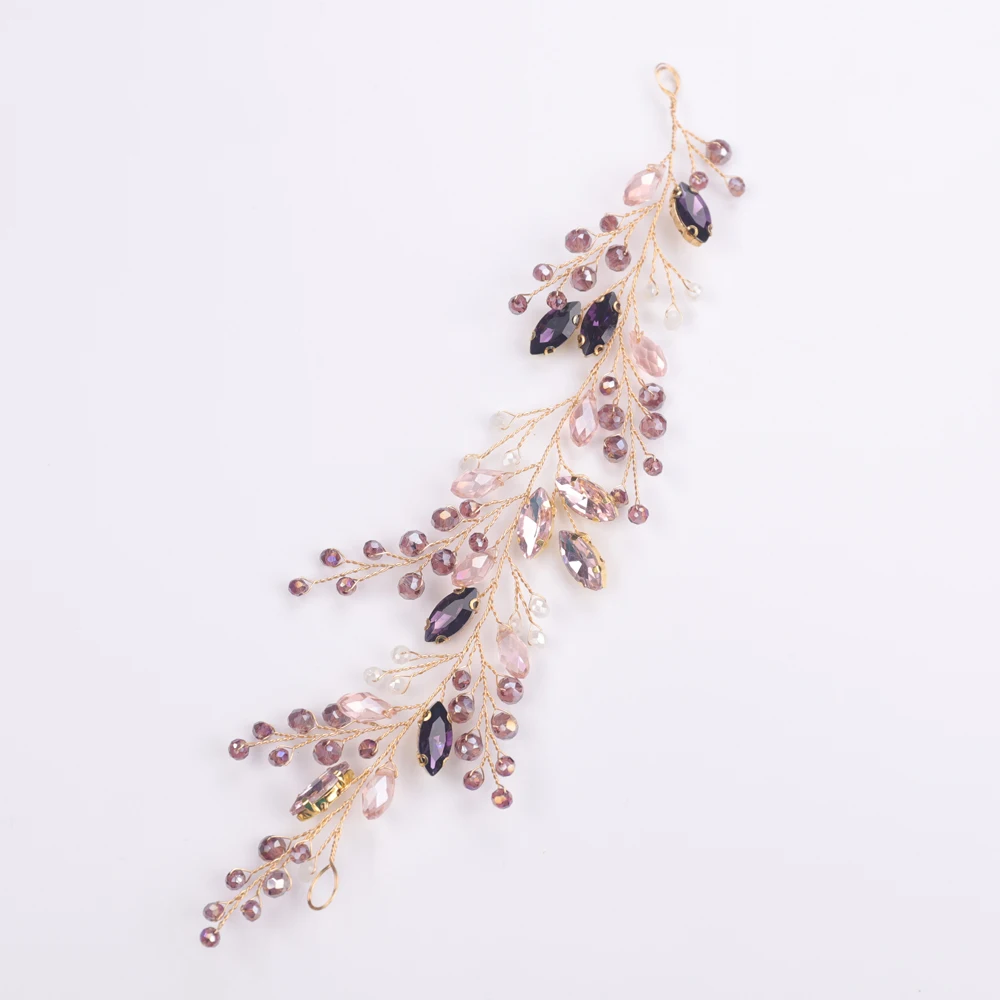 Свадебная повязка на голову с кристаллами фиолетовые стразы золотистая розовыми