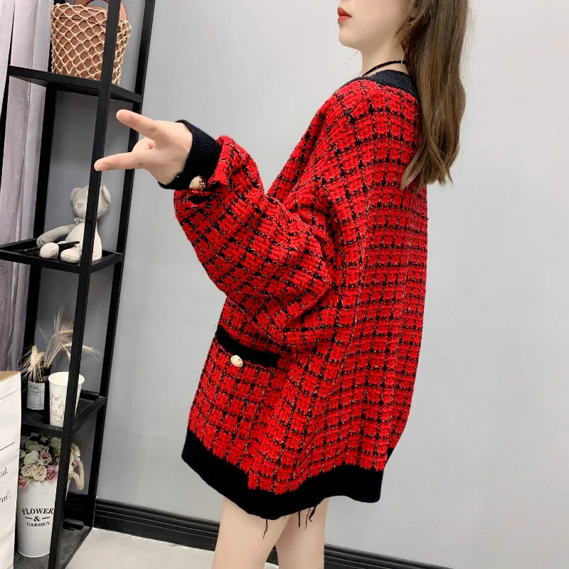 Women Sweater Jacket 2020 Oversized Knitted Cardigans Loose Plaid Jumpers Korean Clothing Robe Long Coat sueter feminino OK492 |