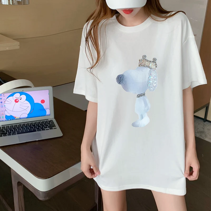 

100% Cotton Women's T-shirt Cartoon Embroidered Tops Punk Pop Short Sleeve Loose O-neck Sexy Tees Female Harajuku Streetwear