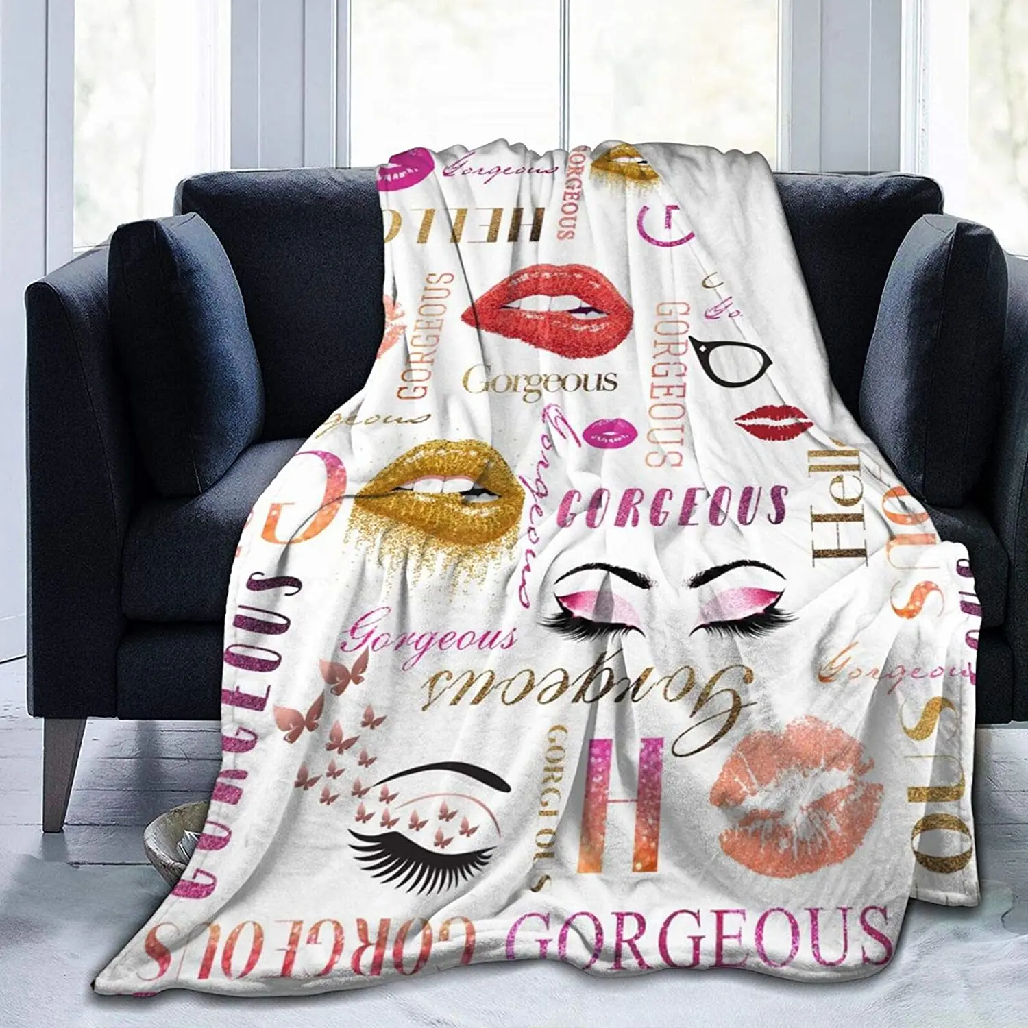 

Partrest Throw Blanket Hello Red Gorgeous Lips Glasses Eyelash Soft Fleece Blankets Cozy Microfiber Blankets 50"X40" Outdoor