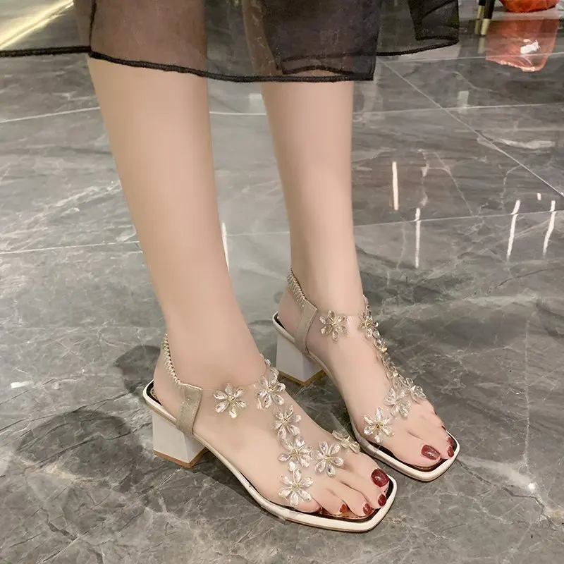 

2020 summer new thick-heeled rhinestone sandals female comfortable casual breathable word buckle female sandals X232