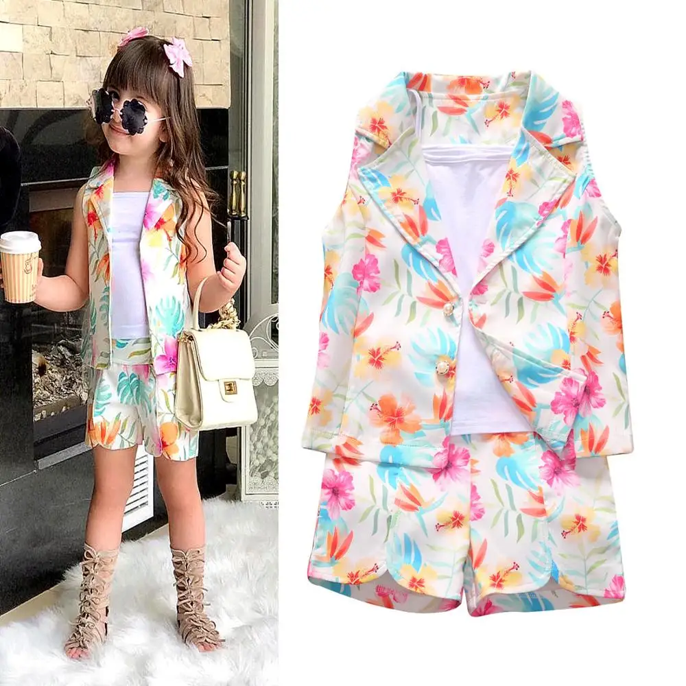 

Summer Ins European and American Clothing Sets Flower Vest + Girls White T Shirt + Shorts Three-piece Clothes for Children