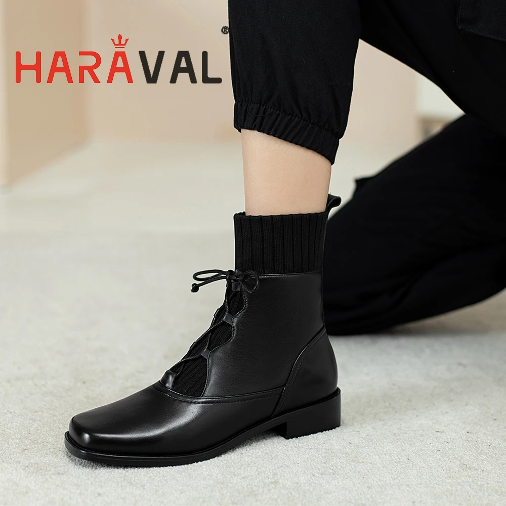 Online Sepatu Bot Peregangan Renda Ikatan Silang Wanita HARAVAL Sepatu Kulit Coklat Hitam Ujung Persegi Gaya Inggris Sepatu Pergelangan Kaki Bussine E104L