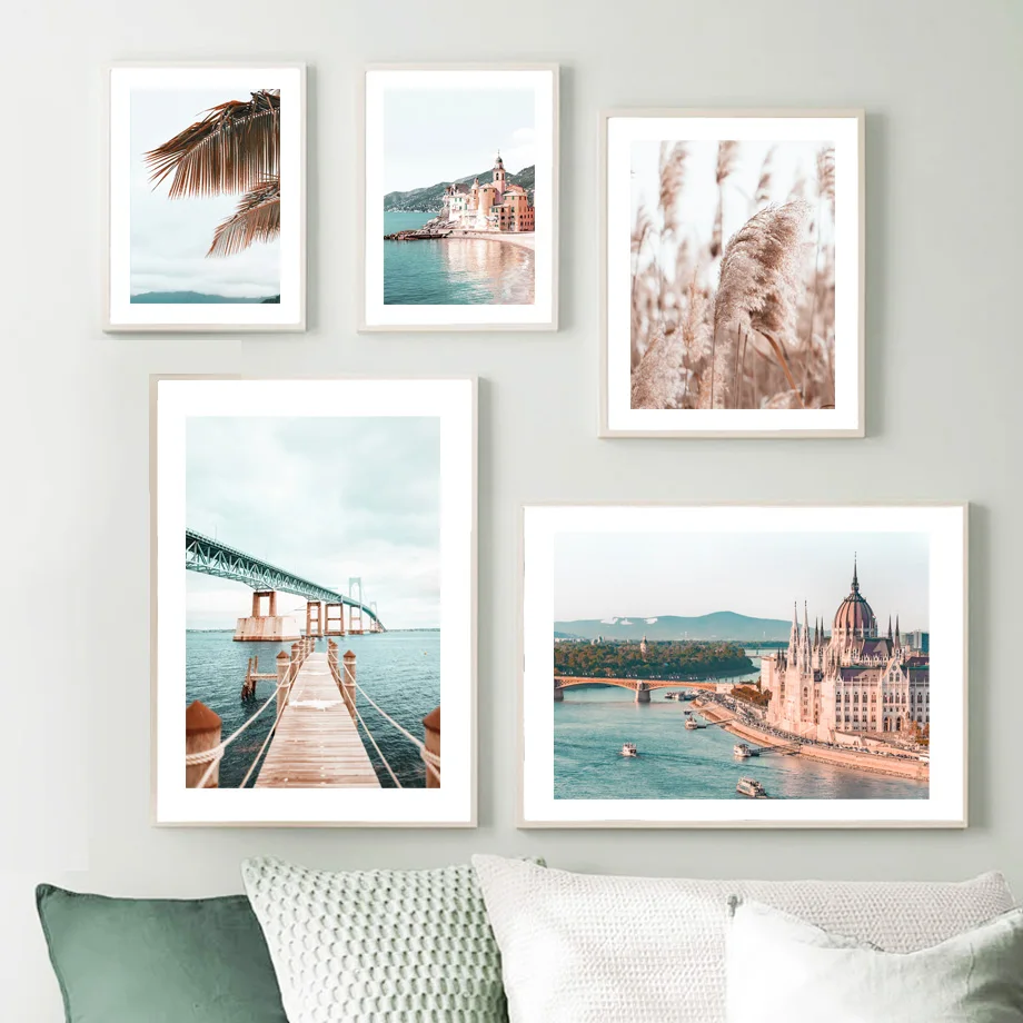 

Bridge Pier Castle Landscape Poster and Print Nordic Style Wall Art Reed Beach Palm Trees Canvas Painting for Living Room Decor