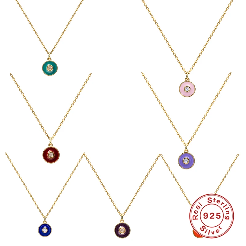 

CANNER 925 Sterling Silver Round Pendant Necklaces For Woman Fashion Jewelry Purple Green Pink Zircon Pendant Necklace Gifts