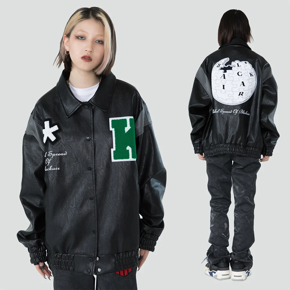 

Jacket Men Letter Embroidery Patch Leather Coats Autumn Retro Baggy Punk Fashion Cool Jackets Outwear Couple Streetwear