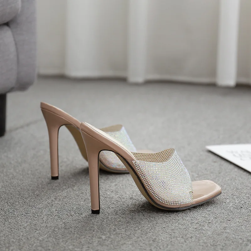 

Female Shoes Glitter Slides Slippers Casual Square Toe Thin Heels Heeled Mules 2021 Jelly Luxury High Fabric Rubber Crystal PU