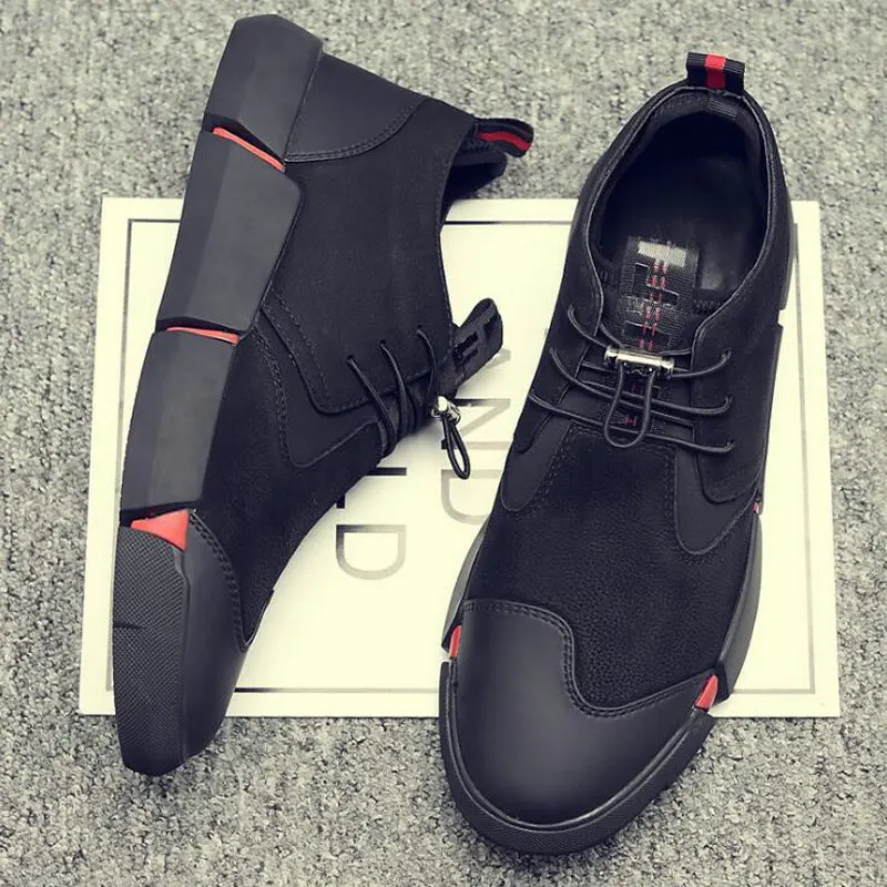 

Brand High Quality All Black Men's Leather Casual Shoes Fashion Sneakers Winter Keep Warm with Fur Flats Big Size 2021