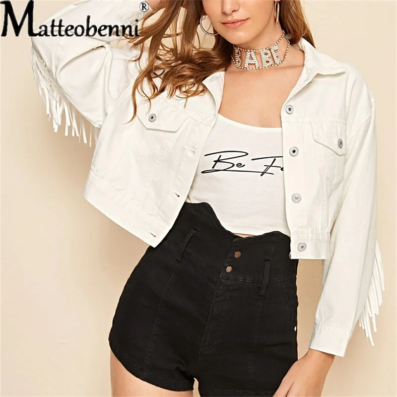 

Fashion Female Tassel Short Denim Jacket Single-Breasted Long Sleeve Women Jean Coat 2021 Autumn Fashion New Street Clothing