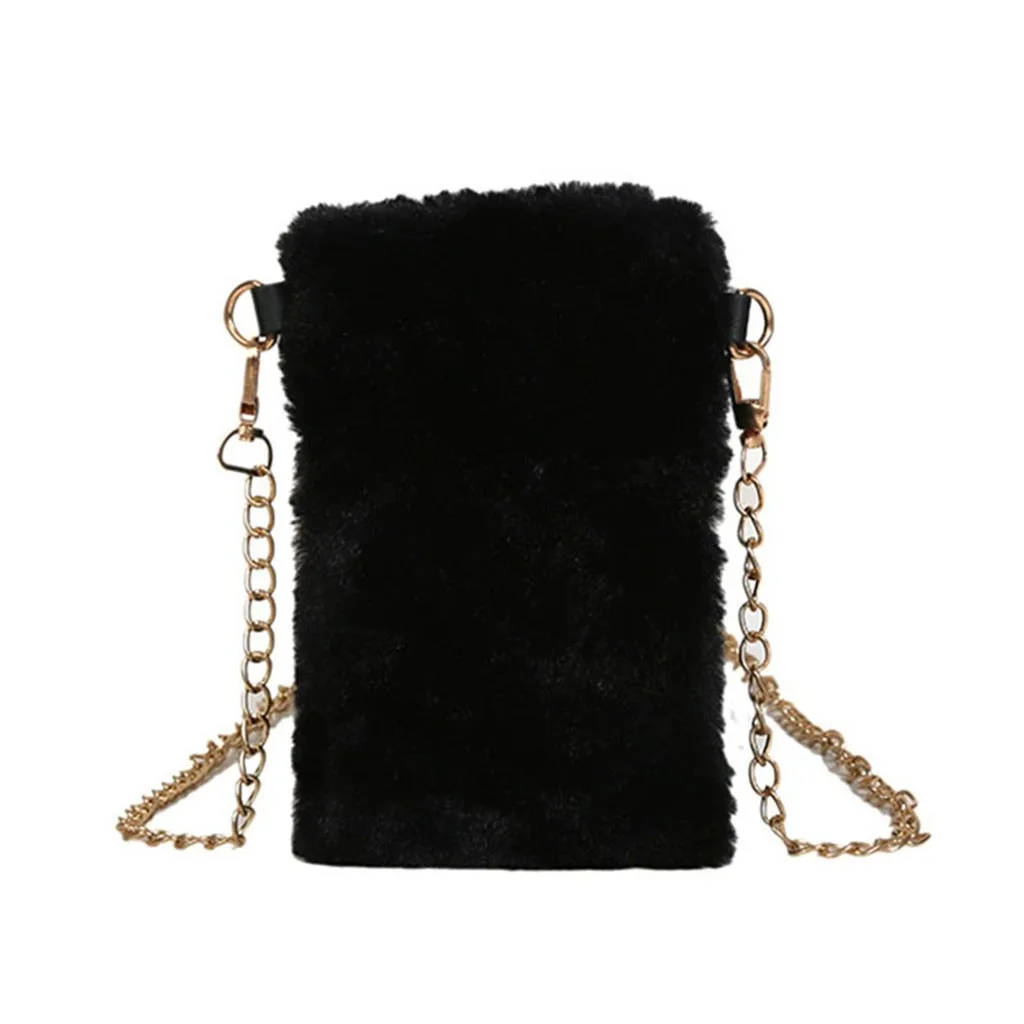 Black Искусственный мех сумки через плечо для женщин осень зима плюшевые кошельки и сумки женский телефон сумка на плечо девушки кошелек#25 - Цвет: Black