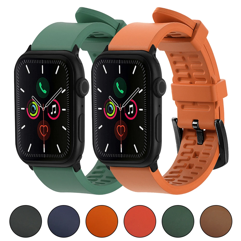 

Fluoro Rubber Strap for Apple Watch Band 44mm 40mm 42mm 38mm Iwatch Series 6 SE 5 4 3 2 1 Black/Silver Button Sport Watchbands
