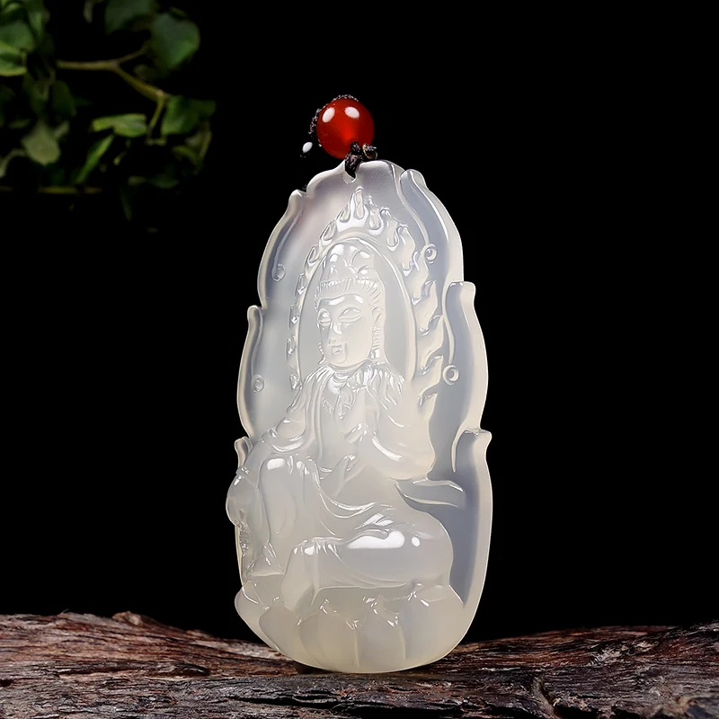 

Natural ice type high permeability white chalcedony Guanyin pendant necklace