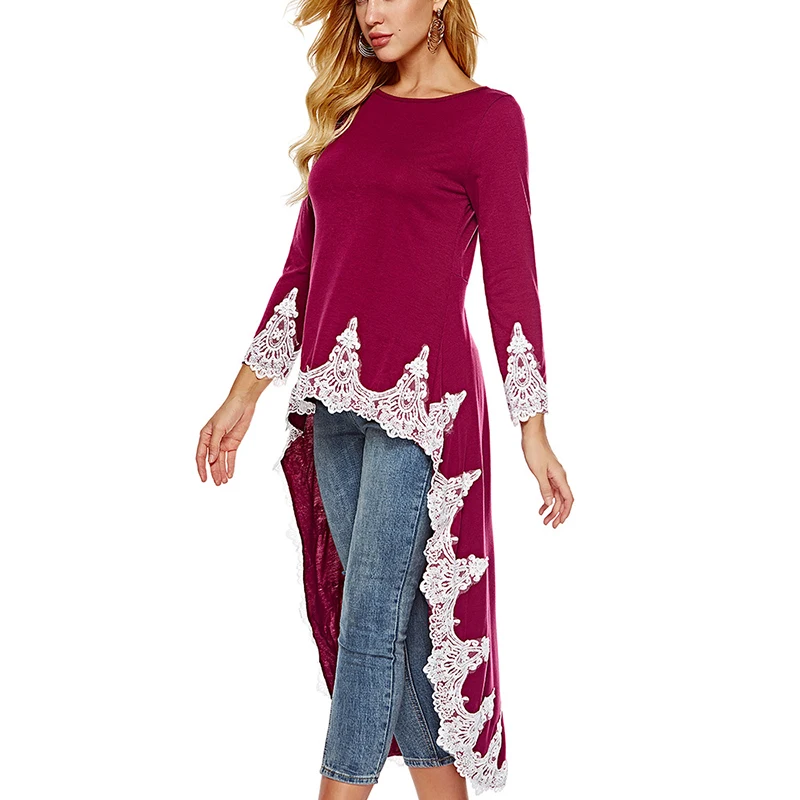 Модное осеннее платье-рубашка с длинным рукавом кружевное неравномерное женское