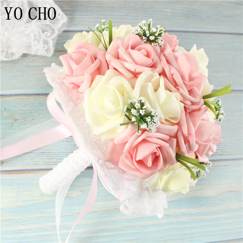 

YO CHO Artificial PE Rose Flower Bridal Bridesmaid Wedding Bouquet with Lace Fake Flowers Romantic Party Supplies Wedding Decor