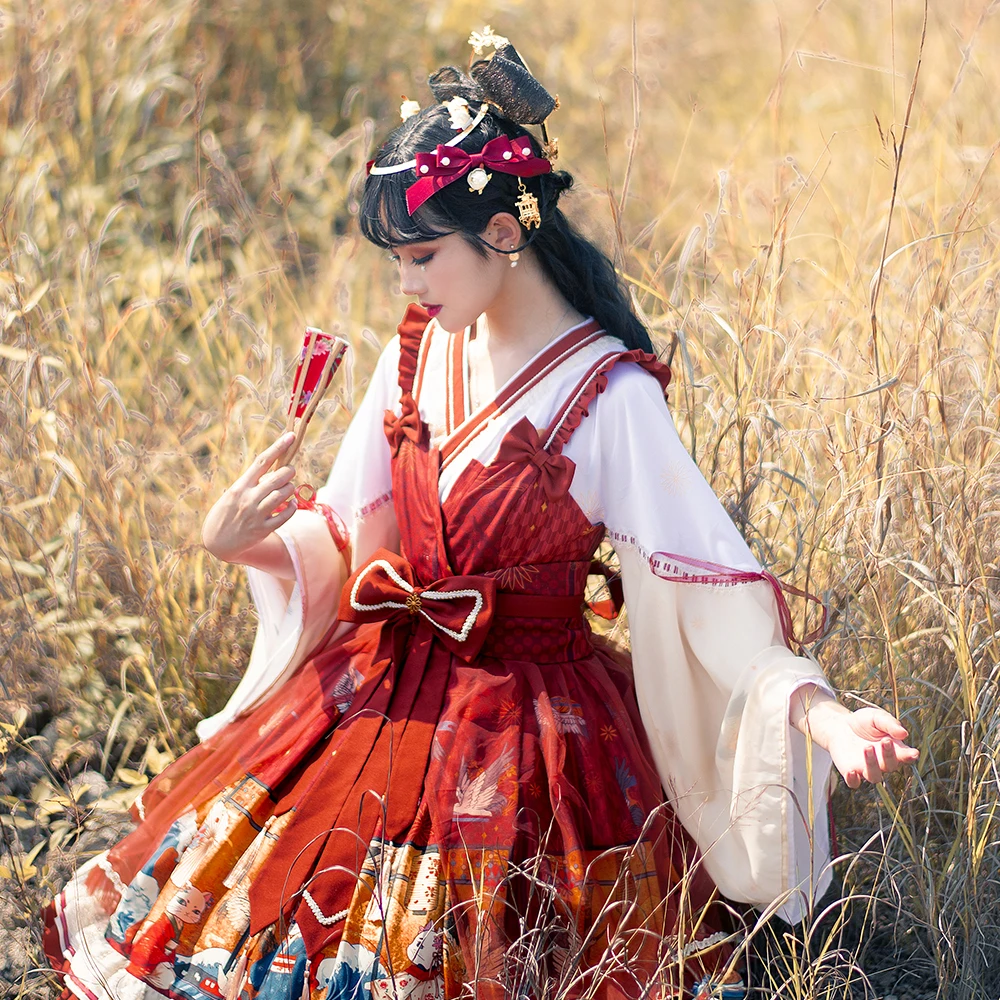 

Melonshow Cute Women Lolita OP Dress Red Plus Size Victorian Flouncing Trim Japanese Harajuku Long Sleeves Dress Fairy Vestidos