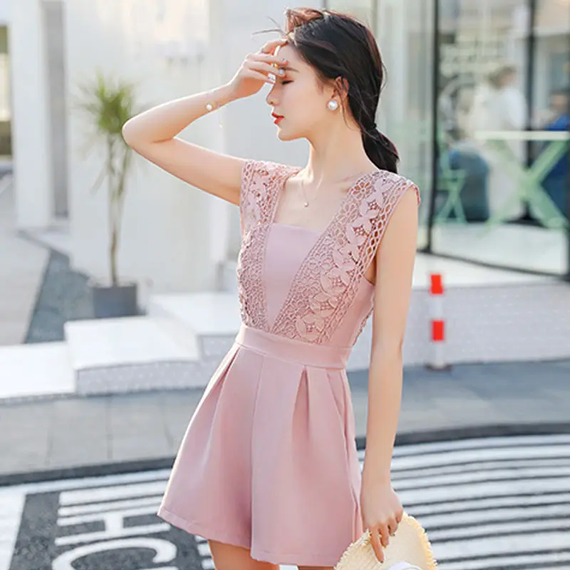 

Women 2021 Summer V-neck Strap Lace Romper Playsuit Female Sleeveless Fashion Casual Jumpsuit Office Lady Elegant Overalls U125