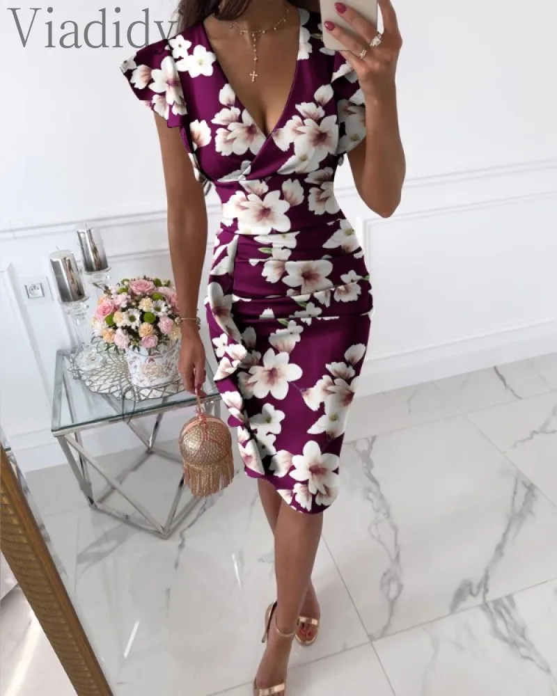 

Women Elegant Floral Print Deep V-neck Bodycon Ruffles Design Straight Dress