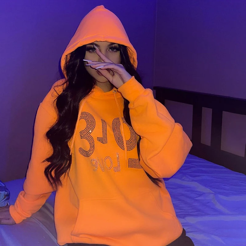 

Women Hooded Pullover, Long Sleeve Letters Front Pockets Casual Sports Party Fall Spring Tops