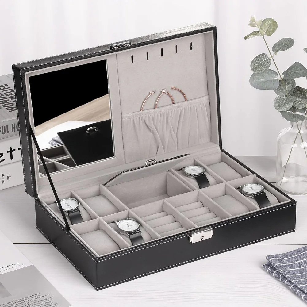 

11 Slots Watch Packaging Protective Box PU Case Jewelry Ring Display Organizer Storage Tray with Mirror LXH