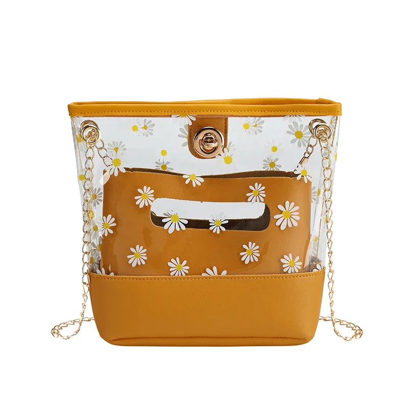 

Flower Daisy Print Transparent Clear PVC Jelly Shoulder Bag Sets Summer Women Girls Purse Handbags Mini Crossbody Messenger Bags