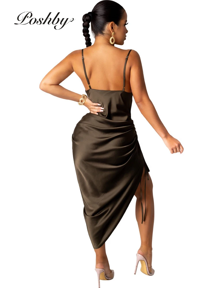 

Poshby Spaghetti Strap High Waist Drawstring Twist Dresses Pleated Backless Elegant Evening Sexy Party Club Robe Autumn Vestidos