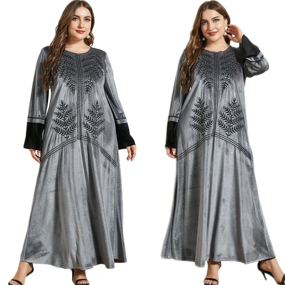 

Women Winter Velvet Long Dress Loose Kaftan Islamic Embroidery Arabic Abaya Muslim Eid Ramadan Maxi Robe Middle East Turkish New