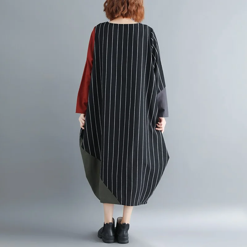Женское винтажное платье в полоску размера плюс с длинным рукавом из хлопка и