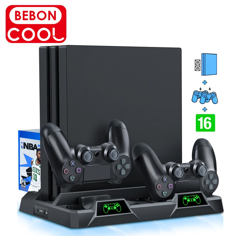 

For PS4/PS4 Slim/PS4 Pro Console Vertical Cooling Stand Controller Charging Base 2 Cooler 16 Games Storage for Sony Playstation4