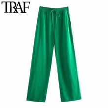 TRAF Women Chic Fashion Side Pockets Loose Wide Leg Pants Vintage High Elastic Waist Drawstring Female Trousers Mujer
