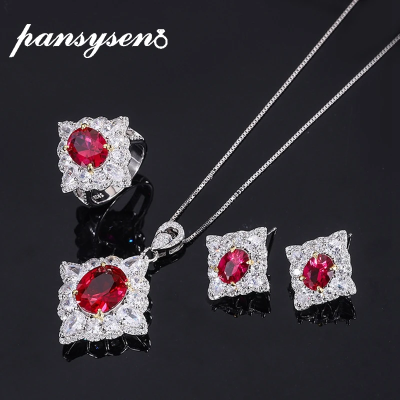 

PANSYSEN Solid Silver 925 Fine Jewelry Set Created Ruby High Carbon Diamond Necklace/Earrings/Ring Wedding Women Gift Wholesale