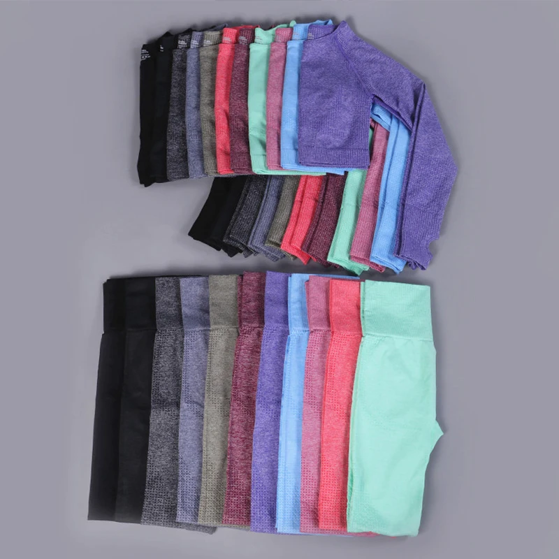 

2PCS Women Seamless Yoga Set Sport Suit Running Workout Clothes Long Sleeve Gym Crop Top High Waist Leggings Fitness Sports Wear