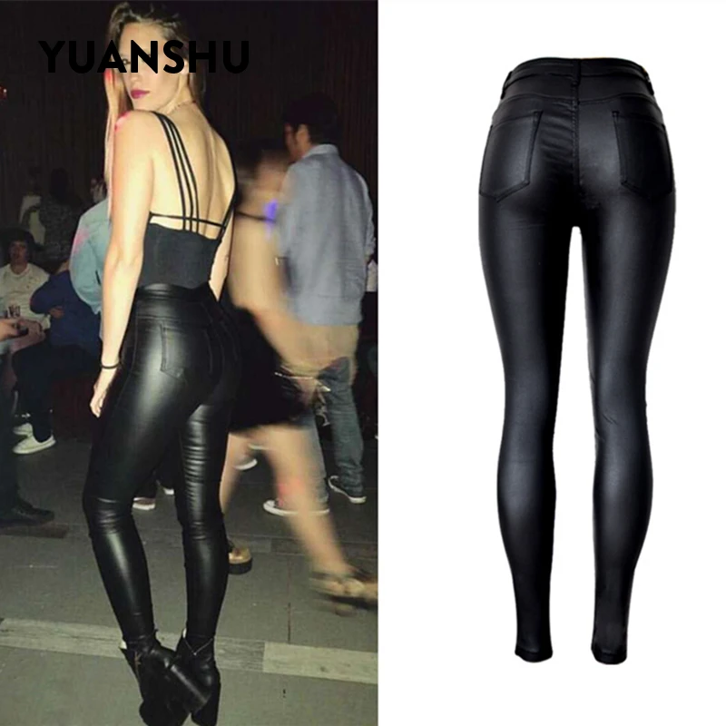 

YUANSHU Skinny High Waist PU Imitation Leather Jeans Women Fashion Slim Black Elasticity Pencil Pants Sexy Tight PU Trousers