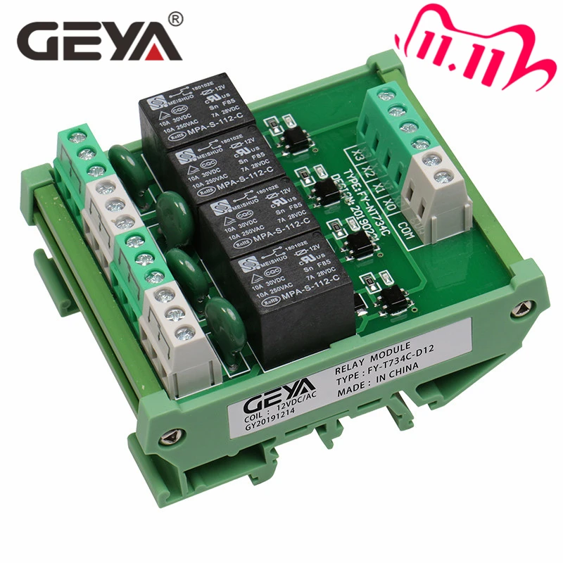GEYA 4 Канальный Релейный Модуль 1 SPDT DIN рейка крепление 12V 24V DC/AC Интерфейс