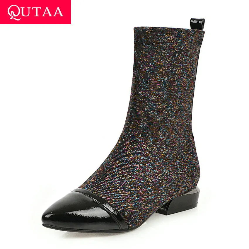 Женские сапоги из ПУ кожи QUTAA черные до середины икры на квадратном каблуке с