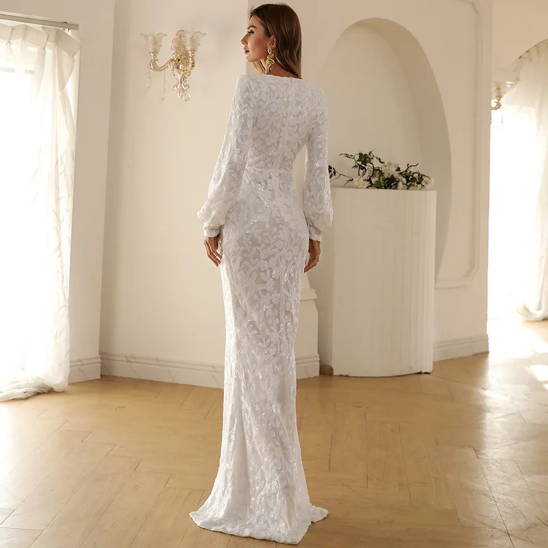 

Sladuo Women Sexy Sequins Hollow Out Bodycon Deep V-neck Dress Autumn Winter Elegant Long Sleeve Long Maxi Evening Party Dress